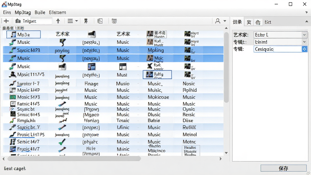 展示Mp3tag中批量编辑标签的界面,主界面中央有大量音乐文件被选中且高亮显示,右侧标签编辑面板中“艺术家”和“专辑”字段被填充,界面下方有“保存”按钮,整体风格简洁明亮,突出批量操作的高效性,画质清晰无多余元素