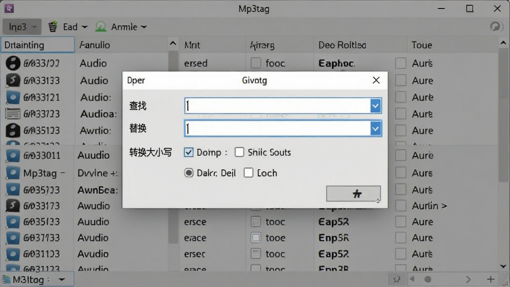 展示Mp3tag的文本处理功能界面,界面中显示一个对话框,包含“查找”、“替换”输入框以及“转换大小写”选项,背景是音频文件列表,突出软件对文本的批量处理能力,整体风格简洁直观,画质干净无多余元素