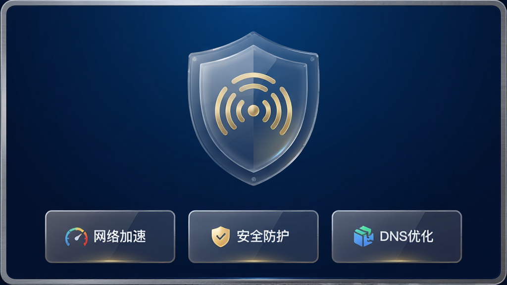 画面主体为幻境网盾软件主界面,背景为深邃的科技蓝渐变,中央悬浮一个透明质感的盾牌图标,盾牌内嵌有金色网络信号波纹,界面下方排列着“网络加速”、“安全防护”、“DNS优化”三个功能卡片,整体布局简洁大气,采用扁平化设计风格,细节上突出光影质感和金属边框,画质高清干净,无多余元素