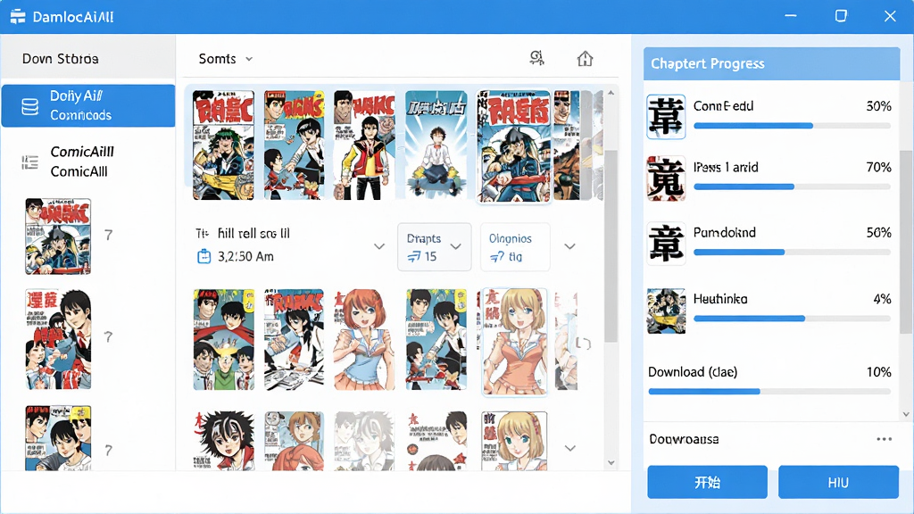 ���壺�����������س���ComicAiII��������������չʾ������������ʾ�����б������ؽ����������֣����Ϊ����վ���б����Ҳ�Ϊ�½�ѡ��������������壬�����Ű��������򡣷���ִ���ƽ����ƣ���ɫ��Ϊ���״��䣬���������ɾ���ϸ�ڣ����ض�������ʾ����ͼ���ļ��������Ȱٷֱȣ��ײ��п�ʼ����ͣ��ť�����ʣ�����ϸ�壬UIԪ����������������ɾ��޶���Ԫ�ء�