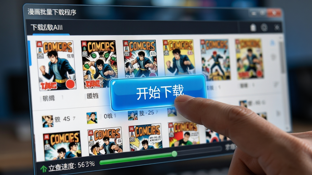 ���壺�����������س���ComicAiII������������д����ָ�������ʼ���ء���ť�����֣���������Ϊ���ض��У��ײ�״̬����ʾ�ٶ�����ȣ����幹ͼ�۽��ڰ�ť�����дʵ��Ļ��ͼ��񣬸߹���Ⱦ�������黯��ϸ�ڣ���ť������ɫ����������������ͼ�����ɼ������ʣ����������ȣ�ϸ�ڷḻ������ɾ��޶���Ԫ�ء�