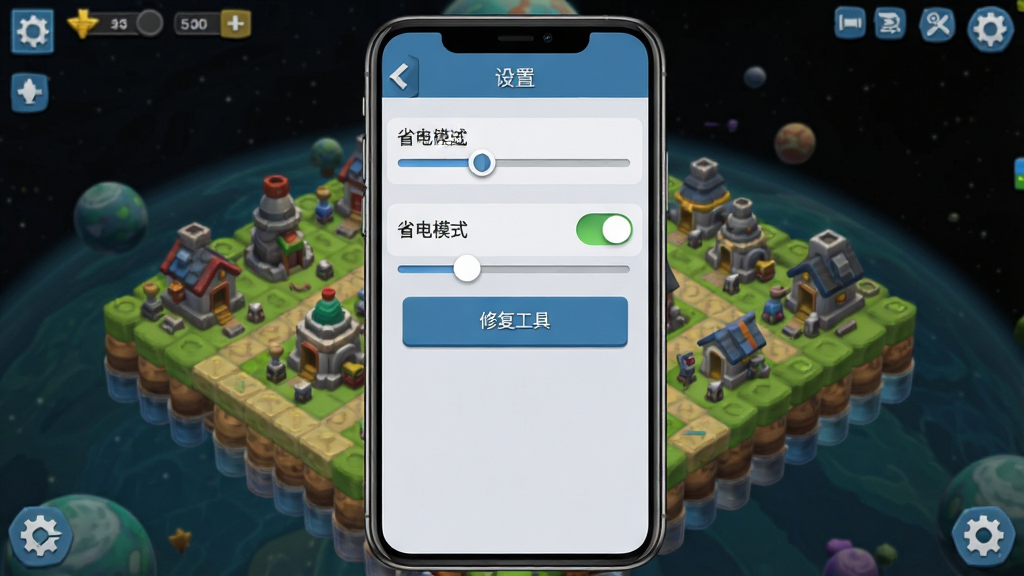 一张手机竖屏游戏截图,展示游戏内“设置”界面,包含“省电模式”开关和“修复工具”按钮。布局为手机屏幕居中,背景为星球放置的游戏主城,排版清晰,风格为现代UI设计,细节有滑块和按钮图标,画质高清,干净无多余元素。