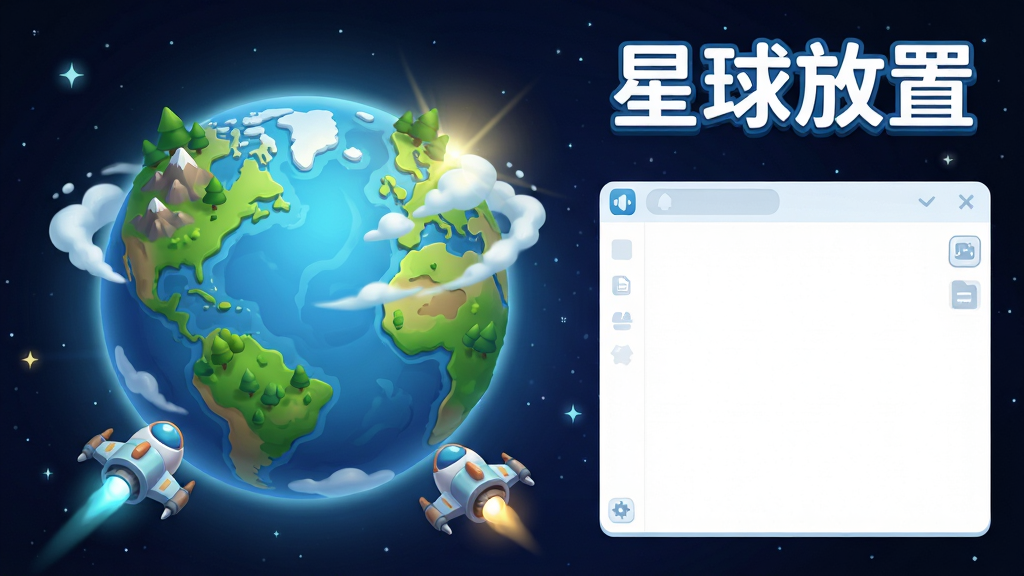 主体为一片广袤星空下,一颗正在被绿色植被覆盖的蓝色星球,前景有小型飞船环绕。布局上星球居中偏左,右侧留白展示UI界面,上方有“星球放置”游戏标题。整体排版简洁清晰,采用明亮通透的卡通渲染风格,细节包含星球表面的山脉、云层和光晕,画质高清,干净无多余元素。