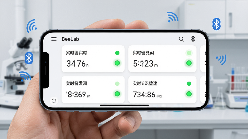 一张智能手机横屏握持图,屏幕中BeeLab应用显示多个连接成功的仪器卡片,每张卡片包含设备名称、实时温度/转速数值与绿色连接指示灯。手机周围漂浮着微小的蓝牙与WiFi信号图标,背景为浅灰色实验室环境。整体版面采用上下布局,界面元素排列整齐,风格为干净的数字科技风,画质高清、无多余元素。