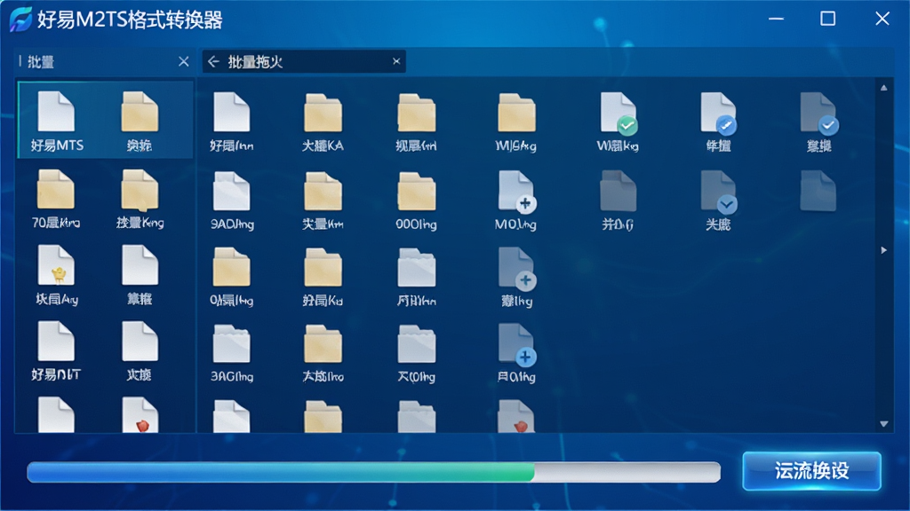 一张动态效果图,展示“好易M2TS格式转换器”批量拖入多个文件到列表中,同时进度条快速前进,按钮高亮显示,背景为科技蓝渐变,画面干净无多余元素