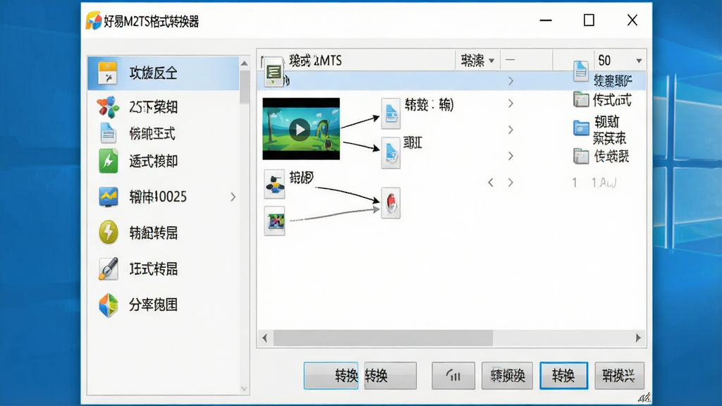 一张高清的电脑屏幕截图,界面中央显示“好易M2TS格式转换器”主窗口,左侧为功能列表,右侧为视频文件列表,下方为转换按钮,整体风格简洁清爽,图标色彩鲜明,布局整齐,画质清晰,干净无多余元素