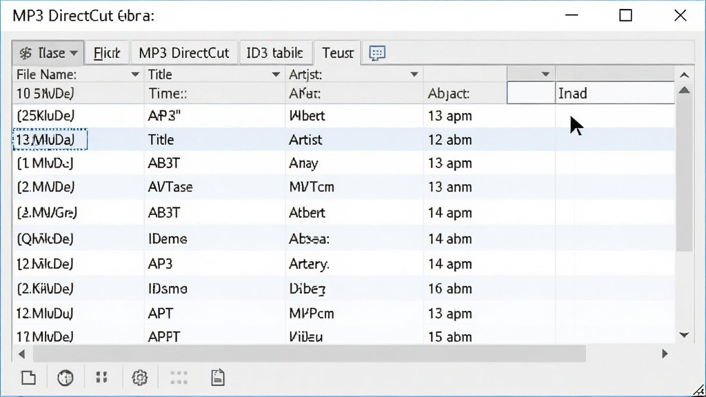 MP3 DirectCut软件ID3标签编辑界面,表格形式显示文件名、标题、艺术家、专辑字段,光标正在编辑,界面清爽,数据条理清晰,画质干净,无多余元素
