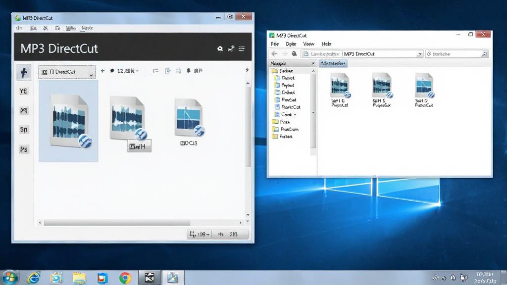 MP3 DirectCut软件运行在Windows桌面上的截图,任务栏显示多个窗口,包含主界面和文件管理器,用户正在拖拽音频文件,整体环境明亮清晰,画质干净,无多余元素