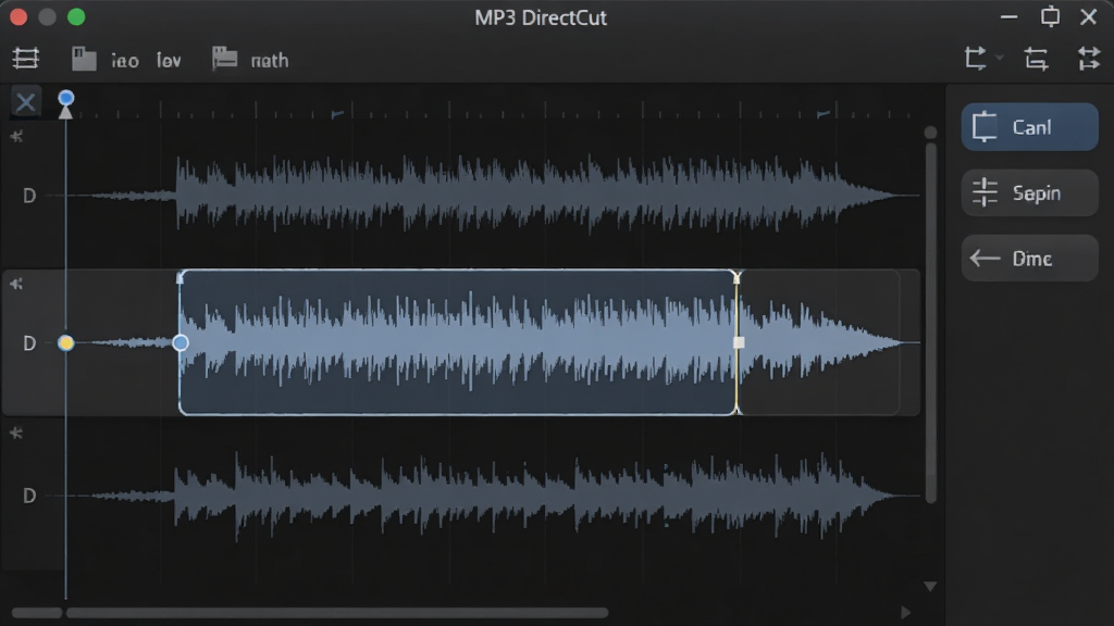 一张MP3 DirectCut软件主界面截图,深色主题,中央波形图显示音频轨道,高亮选区,右侧工具栏包含裁剪、分割、淡入淡出按钮,整体风格干净简洁,画质清晰,无多余元素