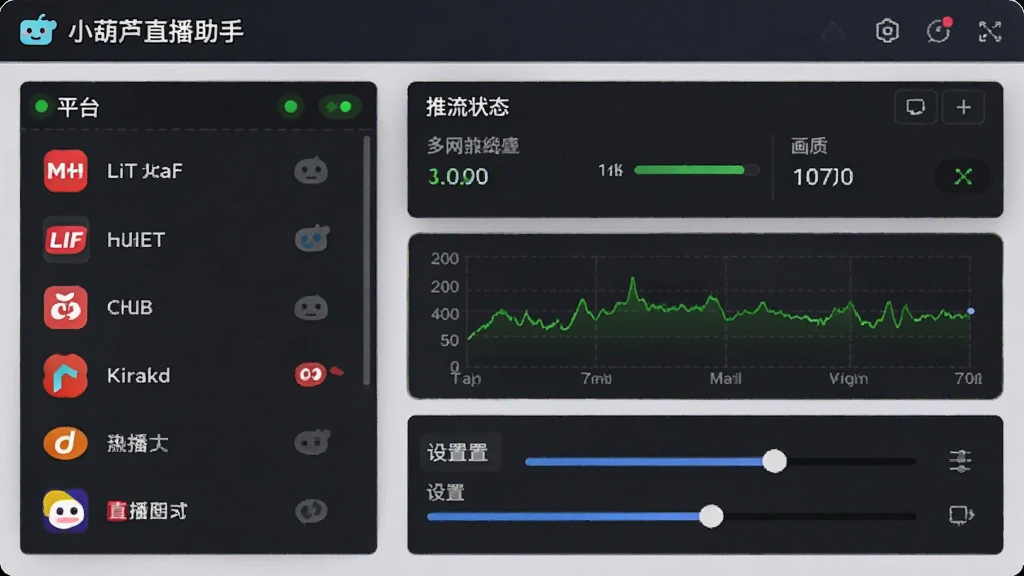 画面主体为“小葫芦直播助手”多平台推流管理界面,布局为控制台样式,左侧平台列表包含多个直播平台图标,右侧显示推流状态和画质参数,排版规整,风格为简洁商务风,细节包括绿色指示灯、网络波动曲线和设置滑块,画质干净,无多余元素。