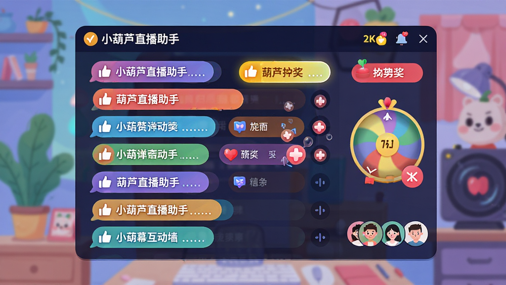 画面主体为“小葫芦直播助手”智能弹幕互动墙界面,布局为直播间场景中悬浮弹幕窗口,弹幕以彩色气泡形式滚动,部分弹幕高亮置顶,风格为明亮活泼的扁平插画风,细节包括点赞动画、抽奖转盘和观众头像,画质为2K清晰,干净无多余装饰。