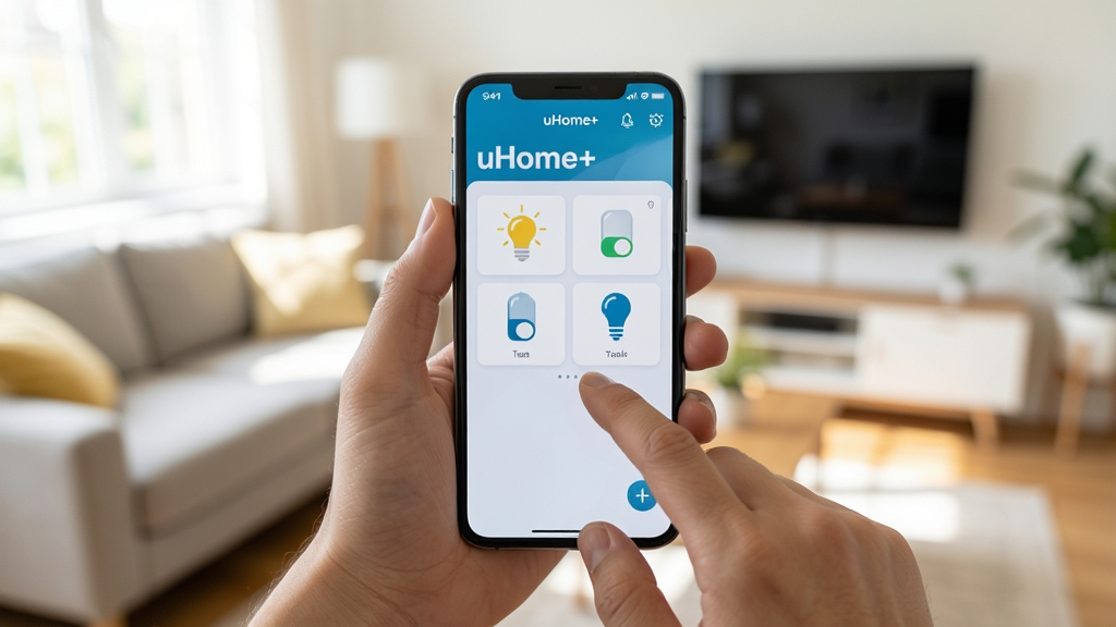 ���壺uHome+App���ֻ��ϵ�ʹ�ù���ʵ��ͼ���������ֻ������Ļ�����֣��ֻ���Ļ��ʾ�豸������壬����Ϊ�����Ŀ������Ű棺�ֻ�λ�ڻ������룬�ֲ�������Ȼ�������ʵ���������Ȼ�⣬ǳ���ϸ�ڣ���Ļ�С�uHome+�����������ɼ����еƹ⿪��ͼ�ꣻ���ʣ��߷ֱ�����Ƭ���ɾ����޶���Ԫ�ء�