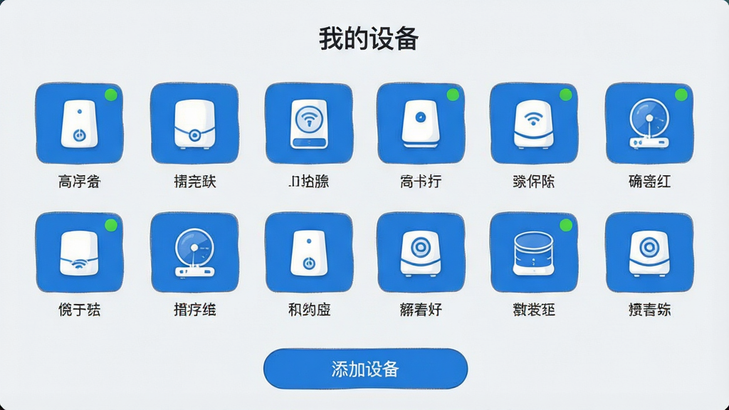 ���壺uHome+�����豸�б�ҳ���ͼ���Ĳ廭�����֣�����Ϊ���ҵ��豸�����⣬�·����������и����豸ͼ�꣬ÿ��ͼ���·���ע���ƣ��Ű棺���ҶԳƣ�ͼ������ȣ�����Ϊǳ��ɫ����񣺼������磬������������ɫ������Ϊ����ϸ�ڣ������豸ͼ�������ɫ����״̬Բ�㣬�ײ��С������豸����ť������ɾ���������ʣ�������Ⱦ���ɾ����޶���Ԫ�ء�