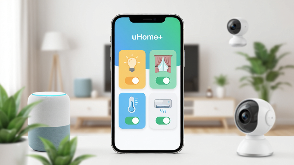 ���壺uHome+�����������ڼ�Լ���������е�չʾЧ��ͼ�����֣�������ʾ�ֻ����棬�������еƹ⡢�������յ����豸����ͼ�꣬��Χ�������ܼҾ��豸���������䡢����ͷ���Ű棺�ֻ�����λ���Ӿ����ģ������黯��ǰ������ֲ��׺������ִ��Ƽ��У�����ͨ͸����ƽ����ƣ�ɫ�����£�ϸ�ڣ���Ļ����ʾ��uHome+�����������豸ͼ����п���״̬�����������ͣ����ʣ�4K���壬�ɾ����޶���Ԫ�ء�
