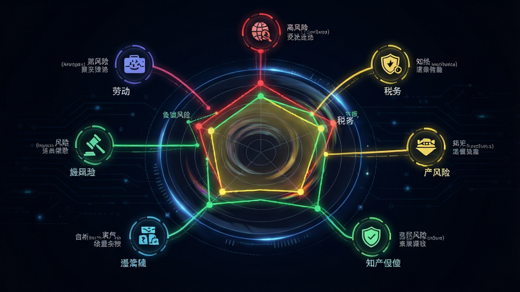 主体:企业数字法务法律风险雷达功能示意图,中心为雷达图,周围环绕着劳动、税务、知产等风险图标。布局:雷达图位于画面中央,向外辐射出彩色数据线条。排版:风险等级用颜色区分,红色高风险、黄色中风险、绿色低风险。风格:科技数据可视化风格,深色背景,霓虹色线条。细节:每个风险点旁有简短文字标签,雷达图动态扫描效果,整体科技感强。画质:高清晰度,画面干净,无多余元素