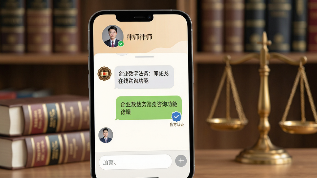 主体:企业数字法务在线咨询功能界面,手机屏幕显示与律师的对话窗口,背景有法律书籍与天秤装饰。布局:对话界面占主体,底部有输入框,顶部显示律师头像与姓名。排版:聊天气泡清晰,律师回复带有官方认证标识。风格:温暖商务风,浅色调,友好亲切。细节:屏幕中可见“企业数字法务”字样,律师头像为职业装,背景书架虚化。画质:4K高清,画面干净,无多余元素