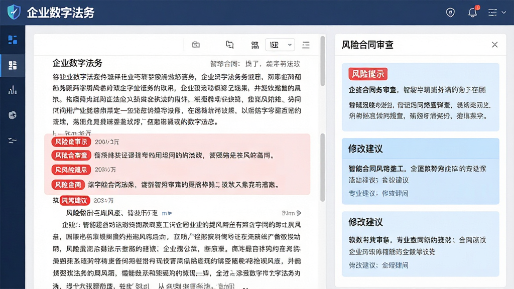 主体:企业数字法务软件界面,展示智能合同审查功能,左侧为合同原文,右侧为风险提示与修改建议。布局:左右分栏结构,中间高亮显示风险条款。排版:文字清晰,风险点用红色标签标注,建议区域为浅蓝色背景。风格:专业商务风,界面简洁直观。细节:合同文字密集但可辨认,右侧建议条理分明,顶部有软件名称“企业数字法务”字样。画质:高分辨率,界面干净,无多余元素,色彩协调