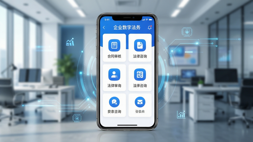 主体:企业数字法务APP界面展示,手机屏幕内显示合同审核、法律咨询等核心功能模块,背景为现代化办公室场景。布局:手机居中,屏幕内容清晰可见,周围留白并配有简洁的科技感光效。排版:界面图标排列整齐,色彩以蓝白为主,文字标签清晰。风格:商务科技风,扁平化设计,色彩明亮干净。细节:手机边框圆润,屏幕反光自然,背景虚化处理,突出APP界面。画质:4K超高清,细节丰富,画面干净无杂物,无多余元素