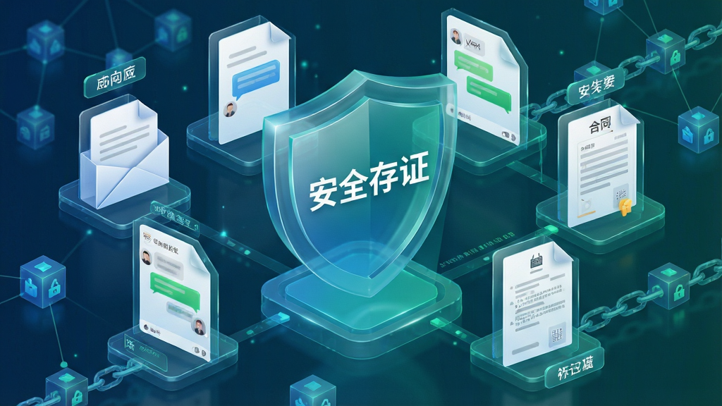 主体:企业数字法务电子证据存证功能概念图,画面中一个盾牌图标保护着各类电子文件(邮件、聊天记录、合同扫描件)。布局:盾牌位于中央,文件围绕盾牌排列,背景为区块链网络节点。排版:每类文件带有标签,盾牌上写有“安全存证”字样。风格:安全科技风,蓝绿色调,透明质感。细节:文件图标立体清晰,区块链链状结构隐约可见,整体具有未来感。画质:高分辨率,干净整洁,无多余元素