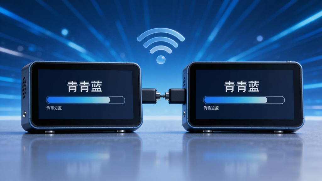 两台电子设备通过无线信号连接,屏幕中显示“青青蓝”传输进度条,背景为动态光效,蓝色科技感风格,主体突出,布局清晰,画质干净,无多余元素。