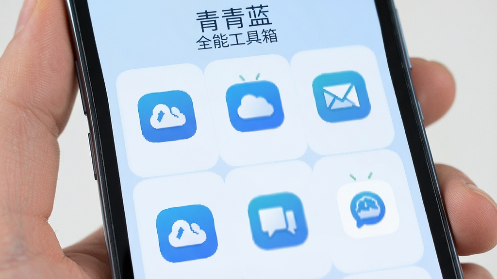 手机屏幕显示“青青蓝”全能工具箱,六宫格排列图标,底色为淡蓝,图标简洁大方,整体风格统一,布局整齐,画质干净,无多余元素。