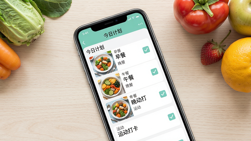 һ���ֻ�Ӧ���ڼƻ�ҳ���ͼ���ͼ��չʾ��������1+1�����ġ����ռƻ���ģ�飬������͡���͡����͵���ʳ����ͼƬ���˶��򿨹�ѡ�����Ϊ���ŵ�ľ�����棬�ֻ��Ա߰ڷ������ʵ��߲�ˮ������ͼ���������ʵ�ã����ʸɾ�������