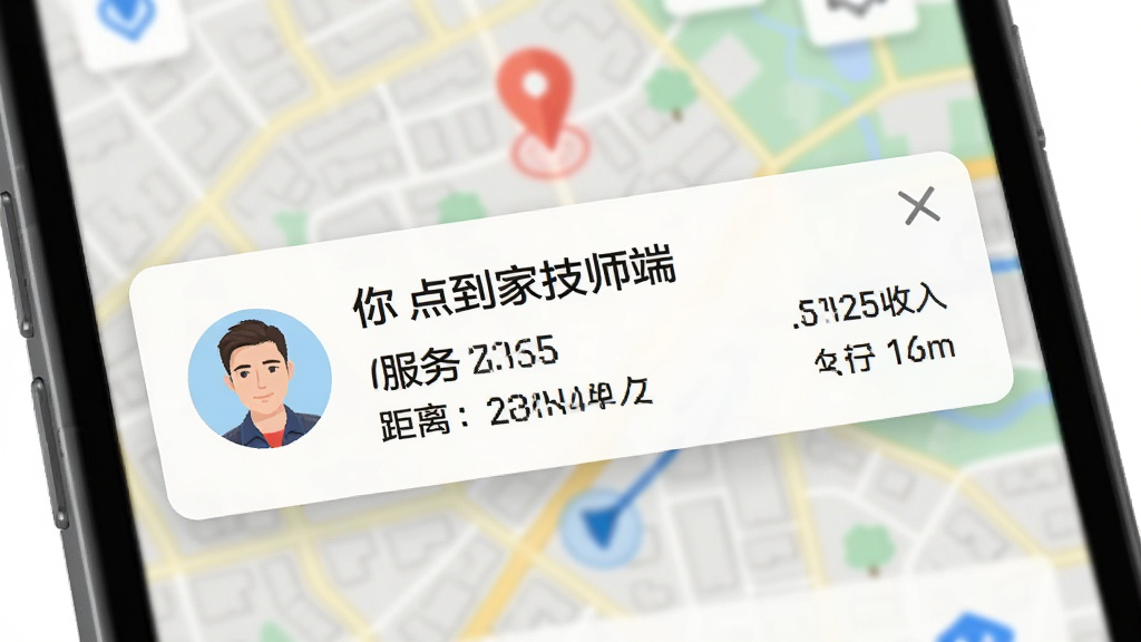 �ֻ�������ʾ����㵽�Ҽ�ʦ�ˡ��Ľӵ�֪ͨ���������ϰ����û�ͷ�񡢷�����Ŀ��������Ԥ�����룬������ģ���ĳ��нֵ���ͼ��ͻ��ʵʱ��λ���ɵ��߼�����ͼ�۽���֪ͨ�������Ϊ��ƽ����������ɫ�����죬���ʸ��壬�޶���Ԫ�ء�