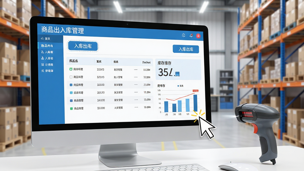 画面主体为电脑屏幕上的“商品出入库管理”软件界面,界面中清晰展示商品列表、入库出库按钮及库存图表。背景为整洁的现代办公室或仓库场景,有货架与扫描枪元素。整体布局清晰,排版简洁,采用扁平化设计风格,配色以蓝白为主,细节包含光标点击操作,画质高清干净,无多余元素,屏幕内文字显示“商品出入库管理”。