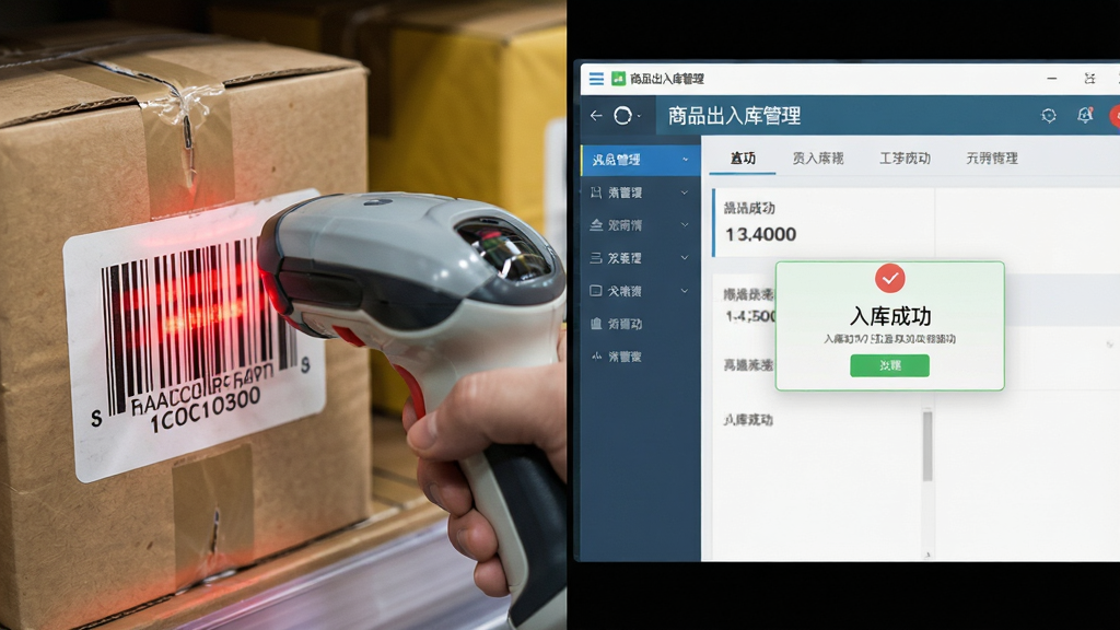 主体为手持扫码枪扫描商品条码的特写画面,旁边是正在运行的“商品出入库管理”软件窗口,界面上弹出“入库成功”提示。布局采用左右分屏构图,左侧为实物操作场景,右侧为软件界面。风格写实结合UI展示,细节包括条码红光、商品包装标签,画质清晰,整体干净无杂乱元素。