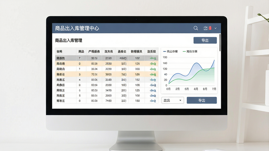 画面主体为电脑屏幕上的“商品出入库管理”报表界面,展示数据表格和图表分析。布局以屏幕为中心,周围有浅色背景衬托,排版规整。风格为现代商务风,细节包括表格行高亮、曲线图、导出按钮,文字显示“商品出入库管理报表中心”。画质干净,无多余元素。