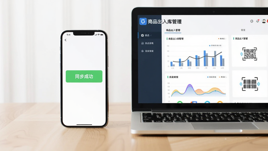 主体为一部智能手机和一台电脑并排摆放,屏幕上均显示“商品出入库管理”的界面,手机端显示“同步成功”提示。布局为平视角度,浅色桌面背景,风格简洁清新,细节包括数据图表、扫码图标,画质清晰,无多余元素。