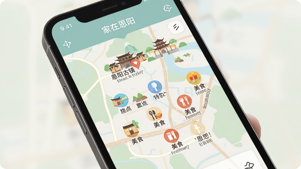 �����ֻ���Ļ��ʾ�����ڶ�����APP�����õ�ͼҳ�棬��ͼ�ϱ�ע�Ŷ���������ɫ���㡢��ʳ���̵Ȳ�ɫ�ر�ͼ�ꡣ������Ϊ��ƽ����ͼ��ƣ�ɫ����ͣ���Ϣ���������ʸ��壬�޶���Ԫ�ء�
