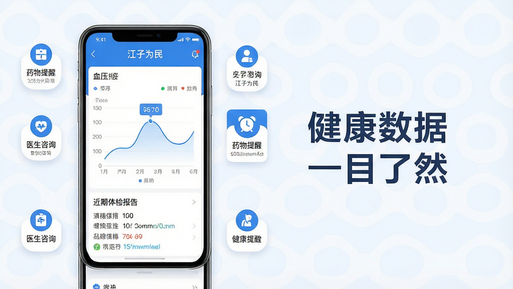 ���壺������Ϊ��APP�����������棬չʾѪѹ����ͼ�ͽ�����챨��ժҪ�����֣��������չʾ����Χ����ҩ�����ѡ�ҽ����ѯ��Сͼ�ꣻ�Ű棺���Ϊ�ֻ�������ͼ���Ҳ�������˵������������һĿ��Ȼ������񣺱�ƽ��UI��ƣ���ɫ��Ϊ��ɫ�Ͱ�ɫ������רҵ��ϸ�ڣ�ͼ���������������ݱ�ǩ��ȷ��ҩ�����ѿ�Ƭ������ͼ�꣬���廭��ɾ����޶���Ԫ�أ��߻��ʡ�