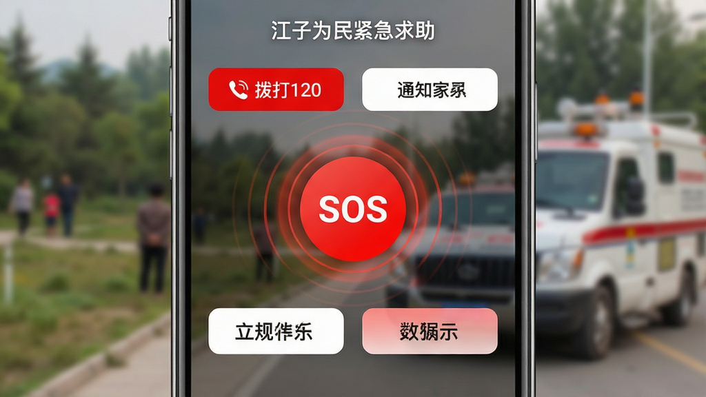 ���壺����Ϊ������������棬��������Ŀ��SOS��ť����Χ�С�����120����֪ͨ���ˡ���ѡ����֣��ֻ�����������棬����Ϊģ�������Ļ��ⳡ�����Ű棺������У���ťͻ�������UI��Ƽ�࣬��ɫ���ɫ�Ա�ǿ�ң�������ȸУ�ϸ�ڣ�SOS��ť���в�����ɢЧ�����������������������黯ͻ�����壬���ʸɾ����޶���Ԫ�ء�