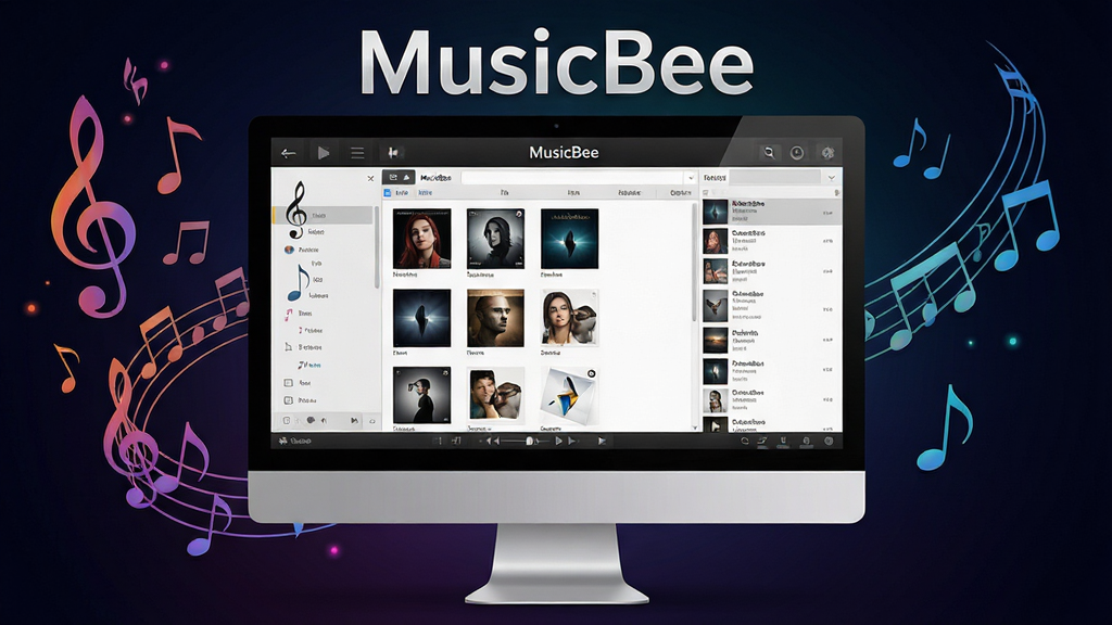 主体:电脑屏幕显示MusicBee软件界面,周围环绕着音乐符号和音符,背景为深色渐变。布局:居中构图,软件界面清晰可见,展示其音乐库和播放列表,界面风格现代。排版:界面元素排列整齐,专辑封面和歌曲列表清晰展示。风格:科技感与艺术感结合,色彩对比鲜明。细节:软件名称“MusicBee”以文字形式出现在界面顶部,界面布局专业。画质:高清,干净,无多余元素。