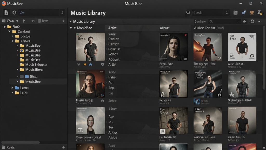 主体:MusicBee软件的音乐库管理界面,左侧为文件夹树状图,右侧为歌曲列表。布局:左右分栏设计,专辑封面以网格形式展示。排版:列表清晰,歌曲名称、艺术家、专辑信息排列有序。风格:简洁清晰,深色主题。细节:界面中显示“MusicBee”字样,以及“Music Library”标题。画质:高清,干净,无多余元素。