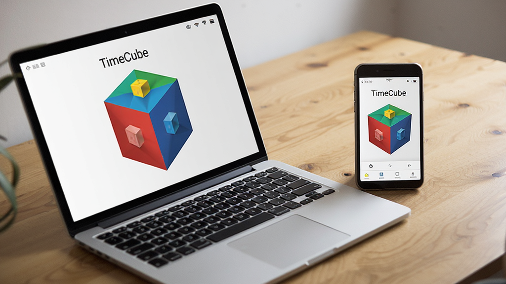 TimeCube���豸ʹ�ó���ͼ������Ϊһ��ľ�ʰ칫����ͬʱ�ڷűʼǱ��������ֻ���Ļ�����߾���ʾTimeCube���棬����Ϊ�Խ��߹�ͼ���Ű���Ȼ����������ϸ����Ļ�ϵ�������ɫ�����������ʸɾ����޶���Ԫ�أ���Ļ����ʾ