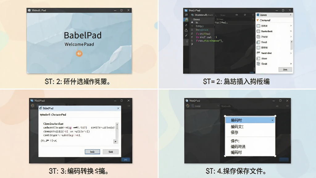 һ���Ĺ������ʾ��ͼ����һ��Ϊ��BabelPad�Ļ�ӭ���棬�ڶ���Ϊ�ַ�������壬������Ϊ����ת���Ի��򣬵��ĸ�Ϊ�����ļ�ʱ�ı���ѡ�������˵���ÿ���·����м��Ĳ���˵�����֡�������Ϊ��ƽ��ʸ����ͼ��ɫ����ͣ�����ɾ�����ע������