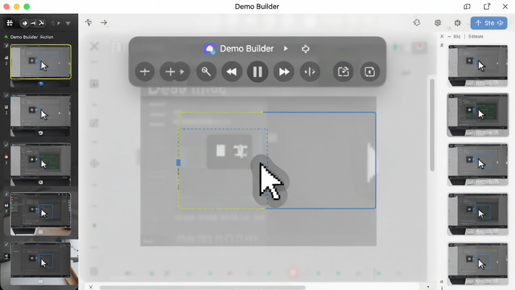 һ��չʾDemo Builder����¼����Ļ�����Ľ��棬��������һ����͸����¼�ƿ��������·���������ʾ���ָ����Ч��������߿���Χ�в�������ͼ��������������ִ���ϸ�ڷḻ���ɾ��޶���Ԫ��
