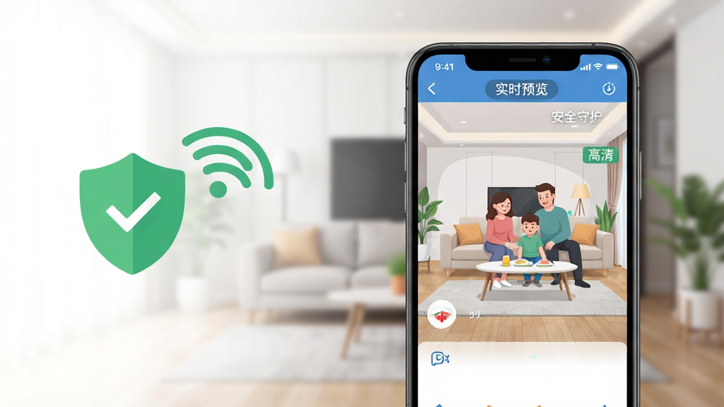 ��������Ϊ�����ֻ���Ļչʾ�ϼ���Զ�̼��APP���棬�����ڳ��������ļ�ͥ������ػ��档����Ϊģ���������ִ���ͥ���������������ϣ��ֻ�λ���Ӿ�����ƫ�ң�������״�����ɫ��ȫ������WiFi�ź�ͼ�ꡣ�����Ű�ɾ���ͻ����Զ�����ӡ��롰��ȫ�ػ������⡣���Ϊ�ִ��Ƽ��б�ƽ�廭��ϸ�ڰ���APP�����ϵġ�ʵʱԤ���������塱��ǩ���֡���������������ɫ����ͣ��ɾ��޶���Ԫ�ء�