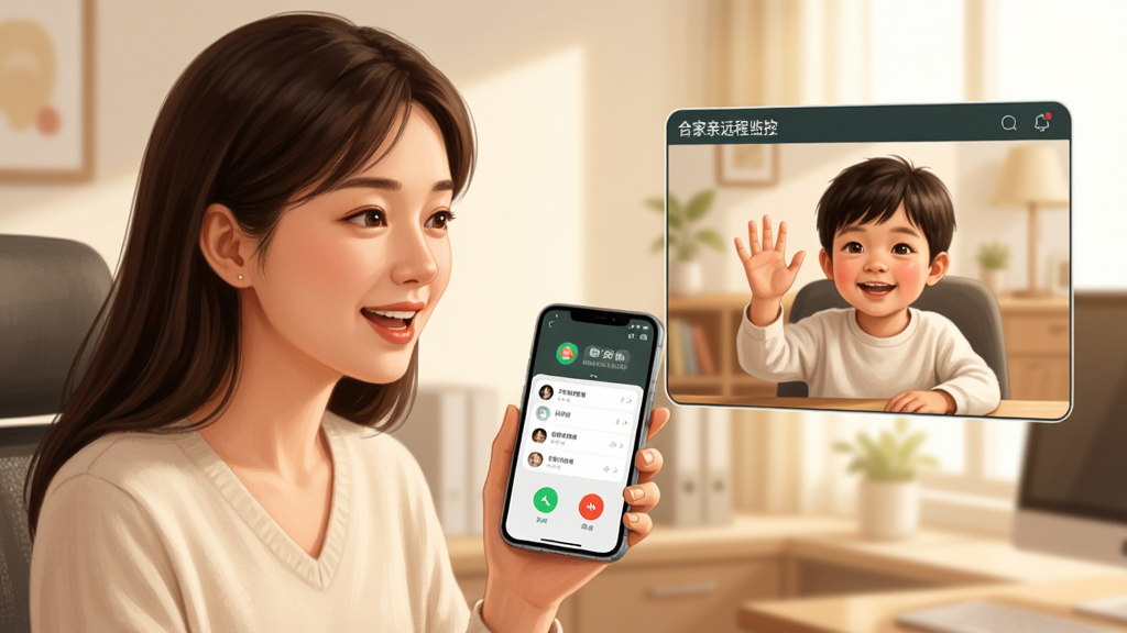 ����Ϊһλ���������ڰ칫��ͨ���ϼ���Զ�̼��APP����к��ӽ���˫������ͨ������ܰ�����������ϣ��������������˵����ĸ�ף��Ҳ���������ʾ�����ڼҶ�������ͷ���ֵĻ��档������дʵ�廭��ϸ���������ֻ���Ļ�еġ��ϼ���Զ�̼�ء����漰������˫��Ӱ��ɫ����ů����������ϸ����ͣ��޶���Ԫ�أ�ͻ�����黥����