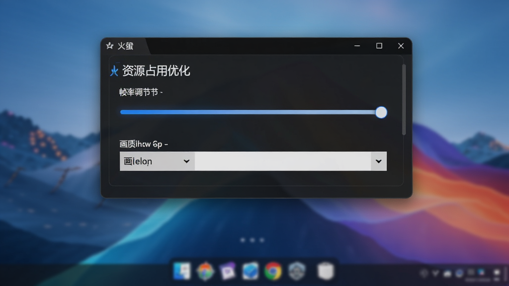 展示火萤视频桌面软件的设置界面,界面中包含资源占用优化选项,如帧率调节滑块、画质选择下拉菜单,背景是模糊的动态壁纸效果,整体界面简洁明了,风格科技感强,画质清晰,突出软件的性能优化功能
