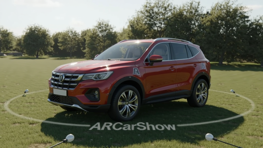 ARCarShow�ڻ���ݵ��ϵ�ARЧ����һ����ɫSUVͣ���ڲ�ƺ�ϣ��������䣬��Ӱ��Ȼ����������ľ���������棬����ɾ����޶�������