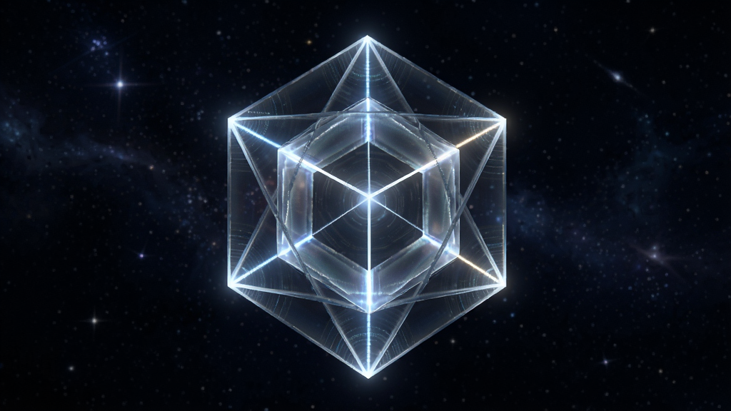 八维空间主界面预览图,主体为悬浮的多维几何体,带有发光棱线与半透明质感,背景为深邃星空,整体布局居中,科技感未来风格,细节丰富,画质清晰干净,无多余元素