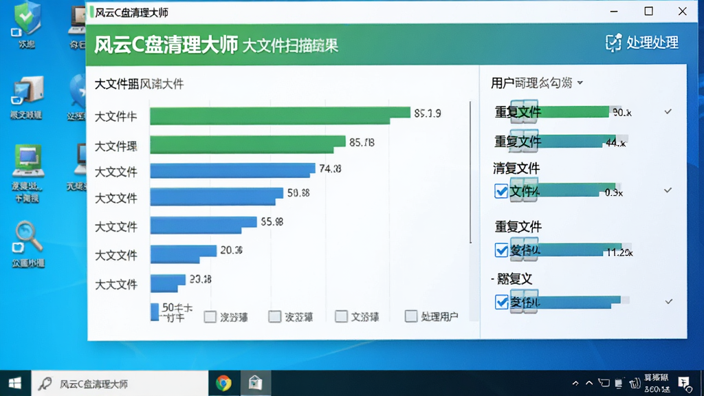 展示“风云C盘清理大师”大文件扫描结果,界面以条形图形式展示大文件大小,重复文件分组显示,用户可勾选处理,背景为电脑桌面,风格写实,绿色与蓝色搭配,细节丰富,画质清晰,干净无多余元素