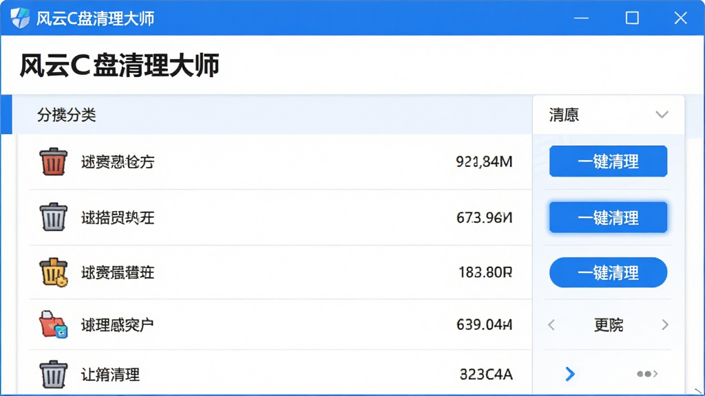 展示“风云C盘清理大师”深度扫描结果界面,分类列表整齐排列,每行有垃圾图标与大小数字,右侧“一键清理”按钮高亮,界面风格简洁,白色背景,蓝色点缀,细节清晰,画质高,干净无多余元素