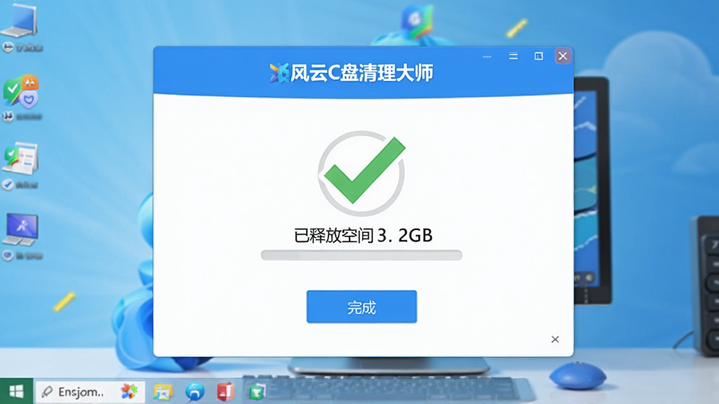 展示“风云C盘清理大师”清理完成界面,绿色对勾图标,显示“已释放空间 3.2GB”,下方有“完成”按钮,背景为明亮的电脑桌面,风格简洁,蓝色主色调,细节干净,4K画质,无多余元素