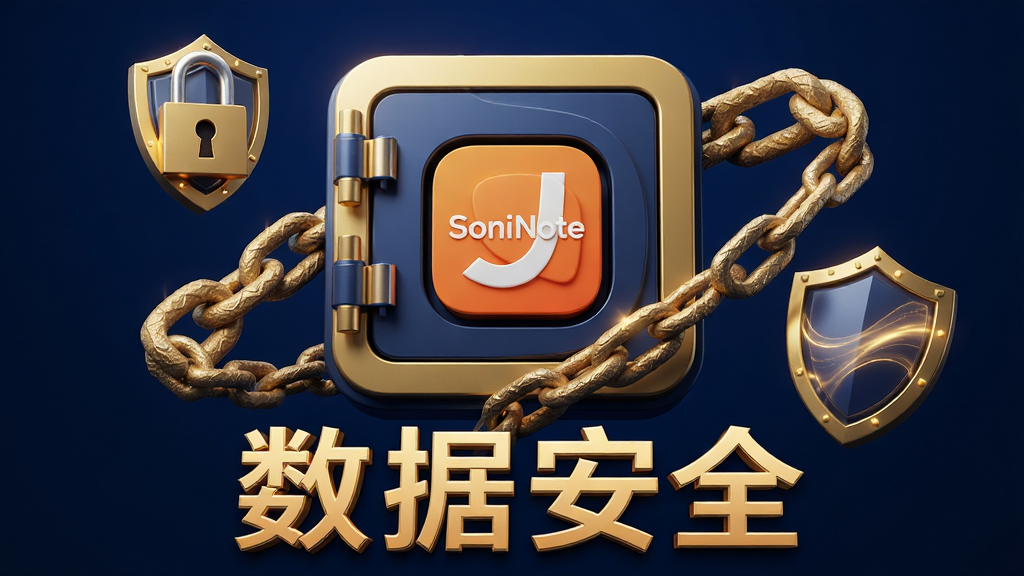 主体:一个保险库风格的抽象图标,中心嵌入SoniNote的应用图标。布局:图标居中,周围环绕着代表加密的锁链与盾牌图形。排版:简洁明了,下方用艺术字写着“数据安全”。风格:3D渲染风格,科技感强,深蓝色背景搭配金色光效。细节:锁链纹理清晰,盾牌上有微光流动。画质:高分辨率,光影效果逼真,画面纯净,无任何多余文字或元素。