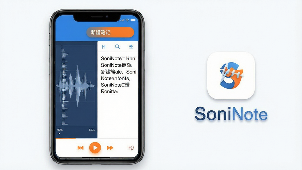 主体:一部智能手机屏幕显示SoniNote应用主界面,界面左侧是录音波形图,右侧是同步的文字笔记。布局:手机居中偏左,右侧留白放置应用logo与“SoniNote”文字。排版:界面设计简洁现代,信息层级分明,顶部有“新建笔记”按钮,底部有播放控制条。风格:扁平化设计,配色以蓝白为主,辅以橙色高亮按钮。细节:波形图细腻,文字笔记字体清晰,界面有微妙的阴影层次。画质:4K高清,画面干净明亮,无多余元素。