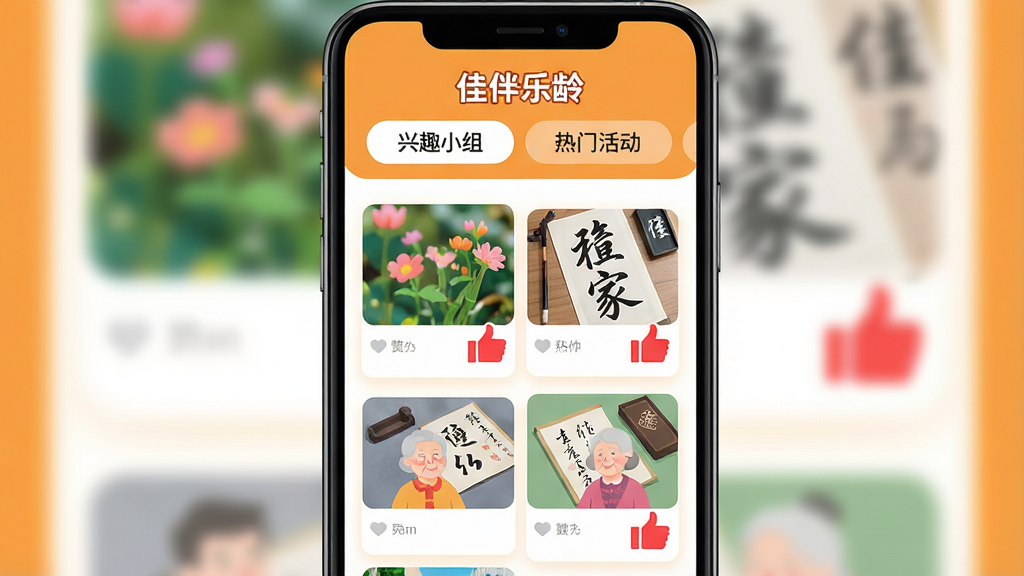 ���壺�����ֻ���Ļ��չʾ���Ѱ����䡱�罻Ȧҳ�棬�����С���ȤС�顱�����Ż����ǩ���·����ٲ�����ʽ��ͼƬ�����ֶ�̬�����д�Ĵָ����ͼ�ꡣ���֣��ֻ����У���Ļ��������������Ϊ��ů�ĳ�ɫϵ��Ӫ���Ծ��������Χ���Ű棺UI�����׼�ƶ��˲��֣���Ƭʽ��ƣ�������ʡ�����������õĲ廭�������ͷ���ü�ʻ����棬ɫ�����ޡ�ϸ�ڣ���Ļ�Ϸ��С��Ѱ����䡱��������̬���ݰ������ݡ��鷨��ͼƬ������ͼ��Ϊ��ɫ������ɾ������ʣ��߷ֱ��ʣ��޶���Ԫ�ء�